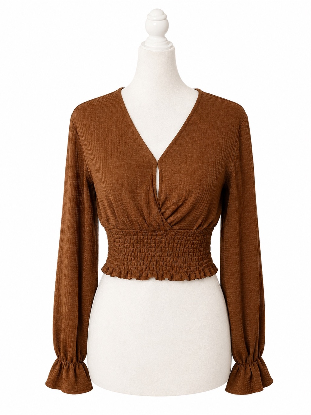 Altar’d State Women’s Brown Waffle Knit Surplice Crop Top Balloon Sleeve Size S